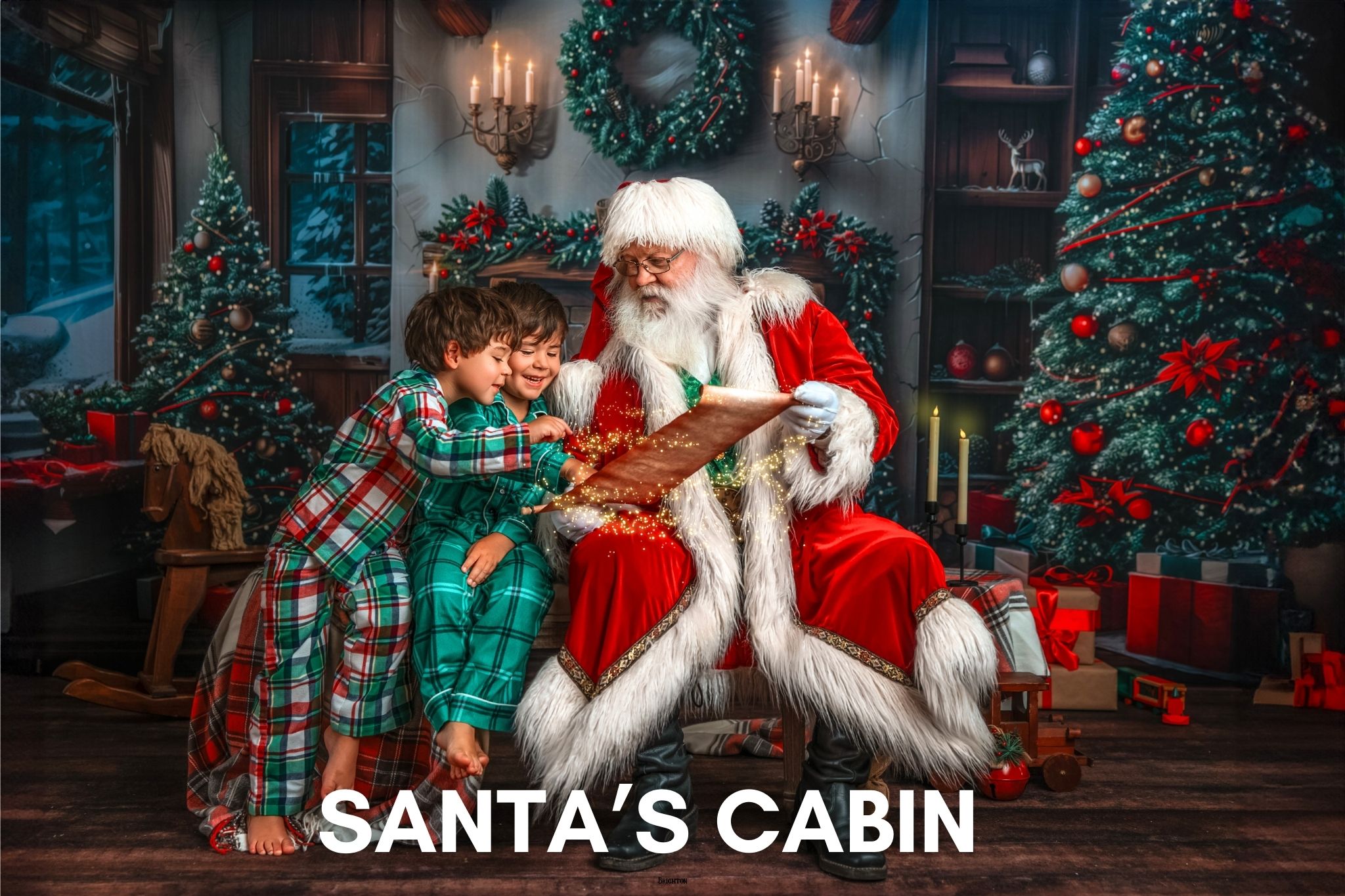 Santa’s Cabin — cozy cabin scene with twinkling tree and fireplace