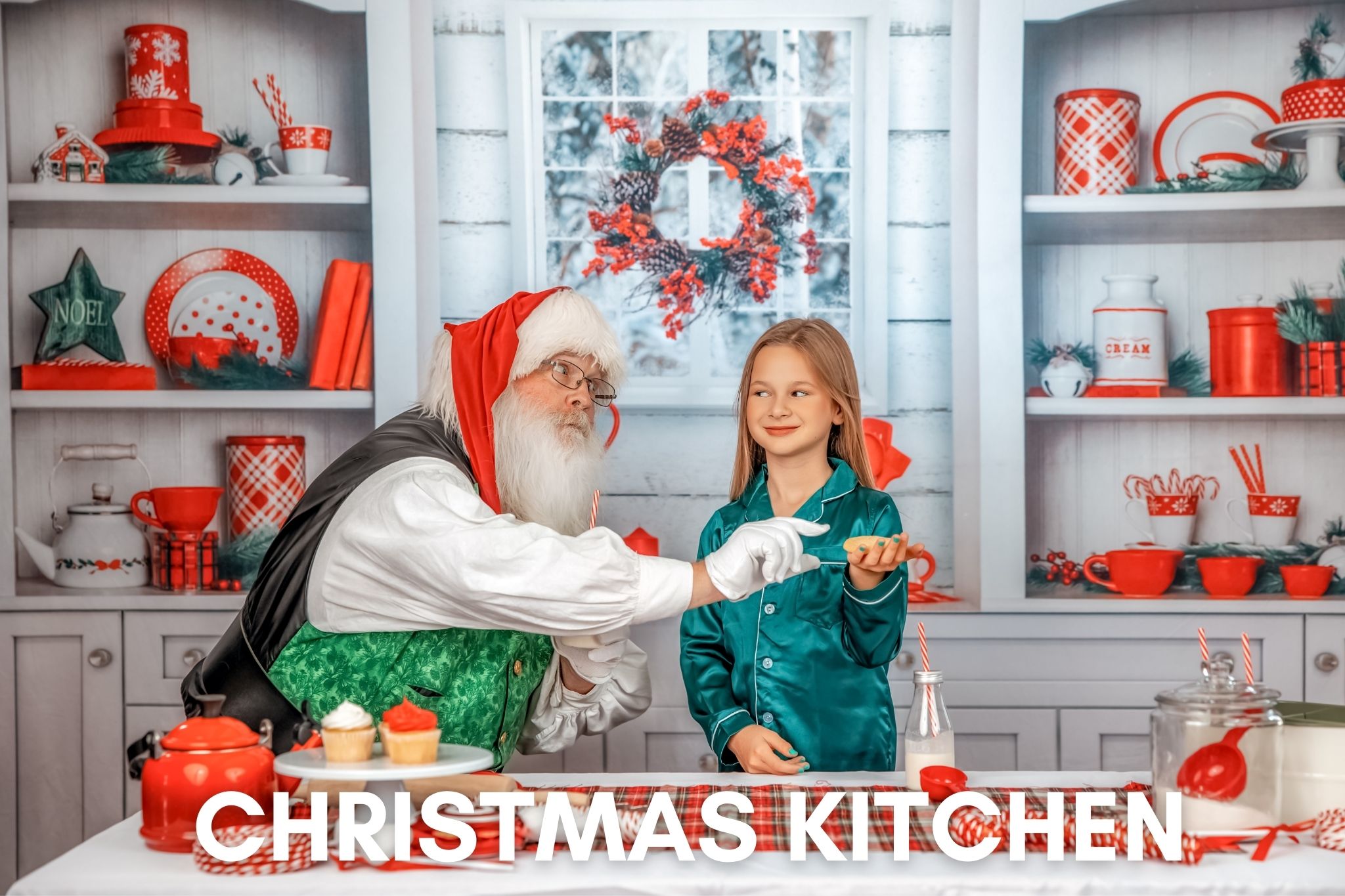 Christmas Kitchen — Santa sharing cookies and milk in a playful holiday kitchen