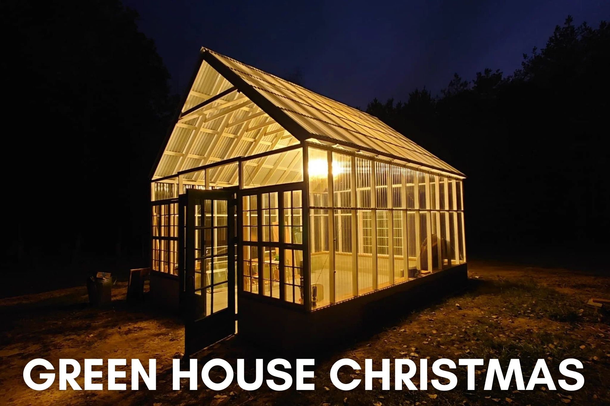 Greenhouse Christmas at night — glowing glasshouse ready for holiday minis