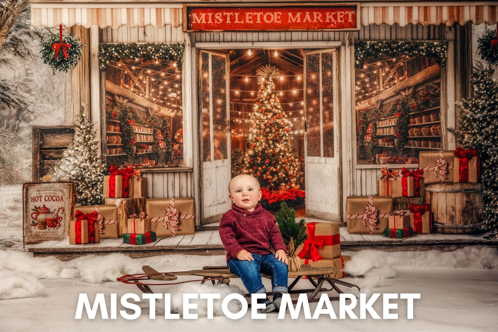 Mistletoe Market — twinkle lights, presents, and a festive storefront scene