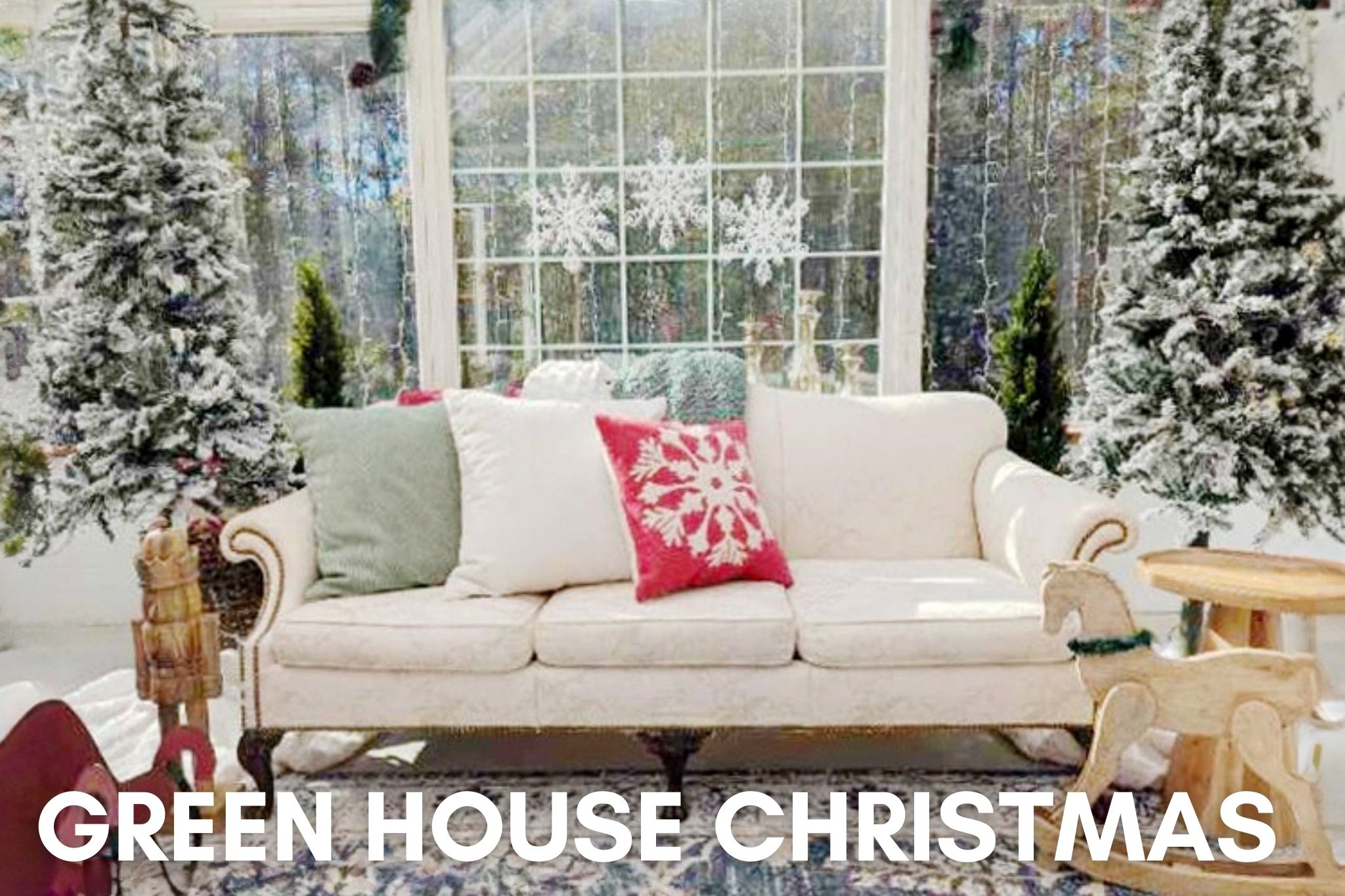 Greenhouse Christmas by day — bright snowy trees and vintage sofa