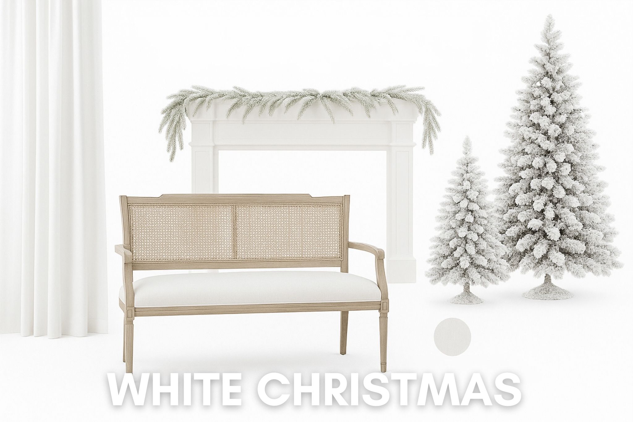 White Christmas — elegant all-white winter set with frosted trees and mantel