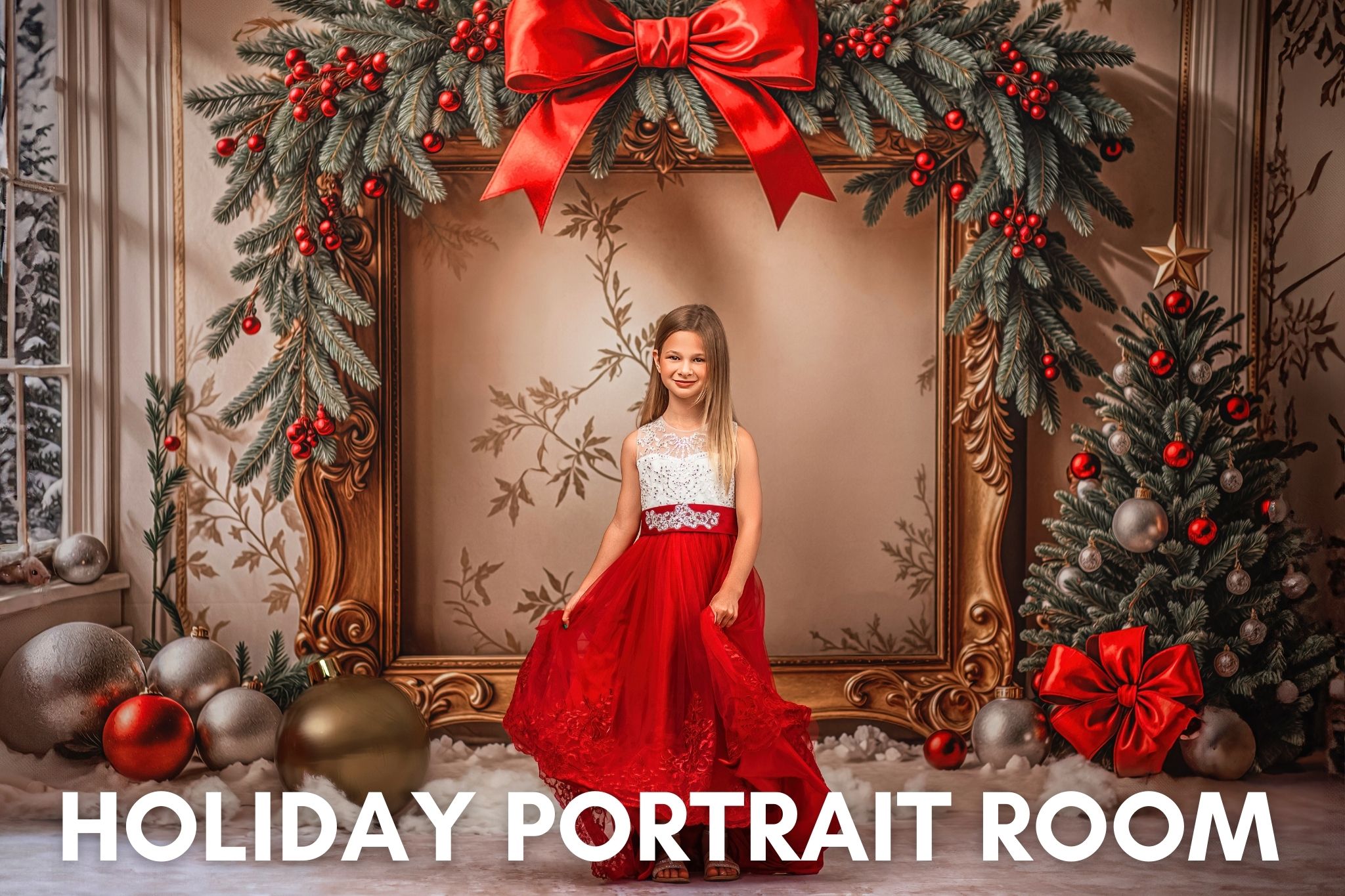 Holiday Portrait Room — gold frame, evergreens, and classic Christmas accents