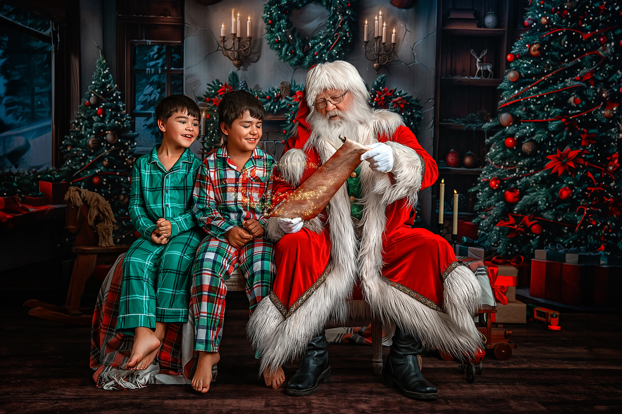 Two brothers leaning over Santa’s glowing list with excitement