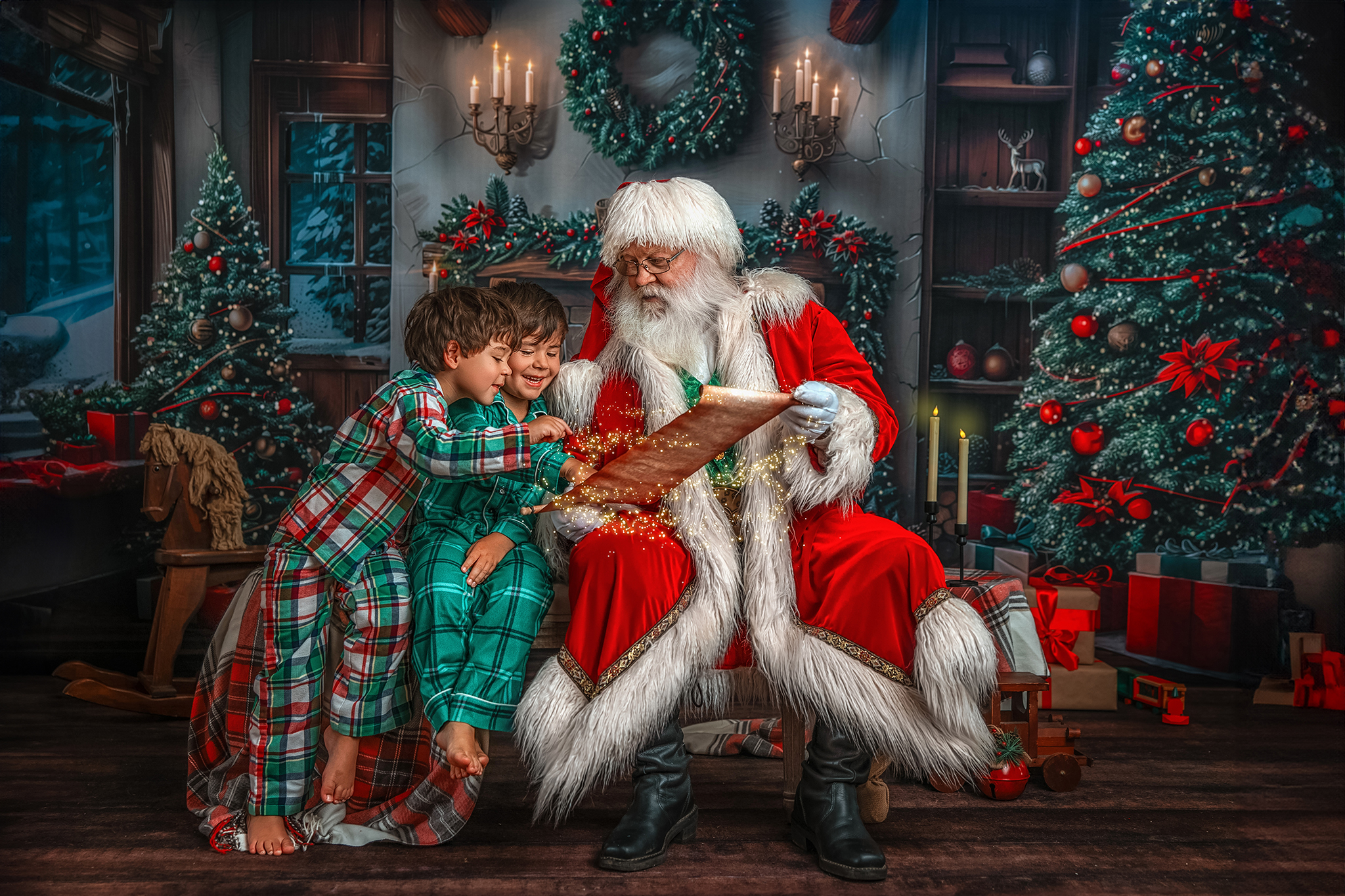 Santa reading a glowing magic list with three boys beside him
